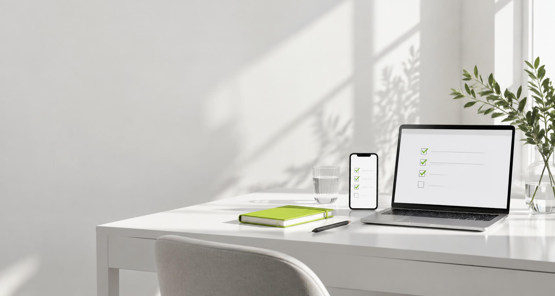 Computador e celular com listas de tarefas em um ambiente de trabalho claro